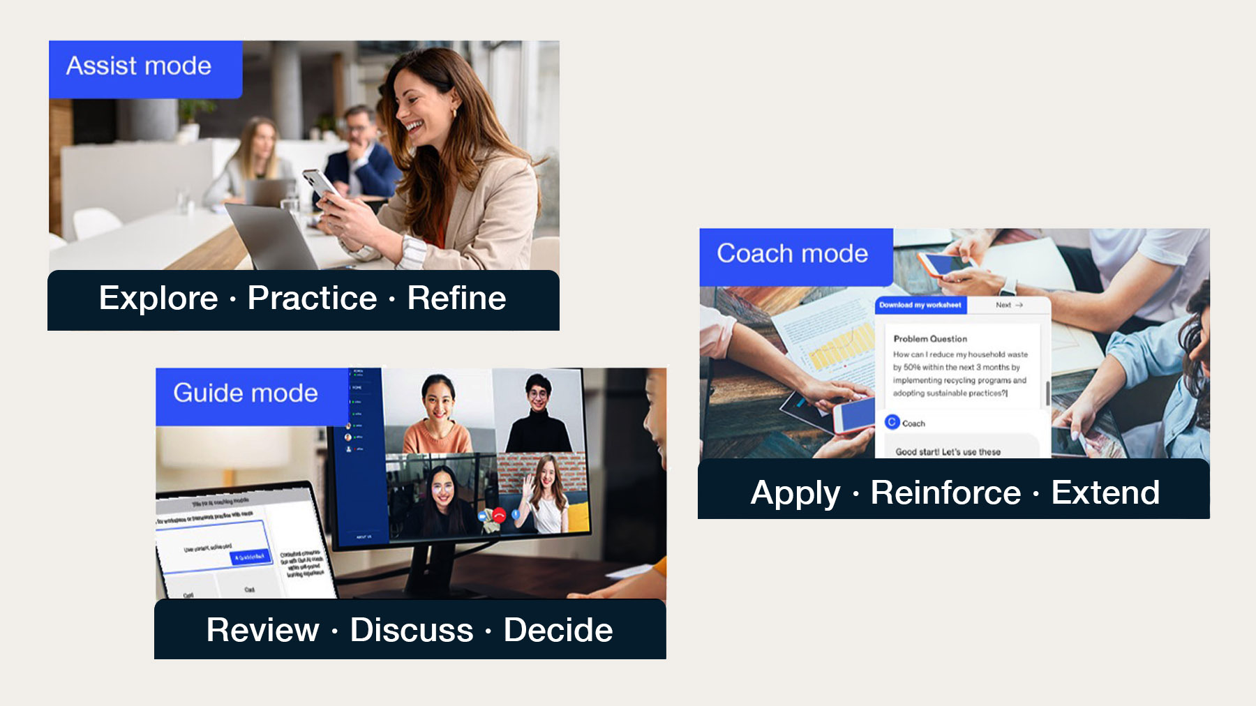 Reconstructed scenarios showing preparation, guided practice and contextual AI coaching